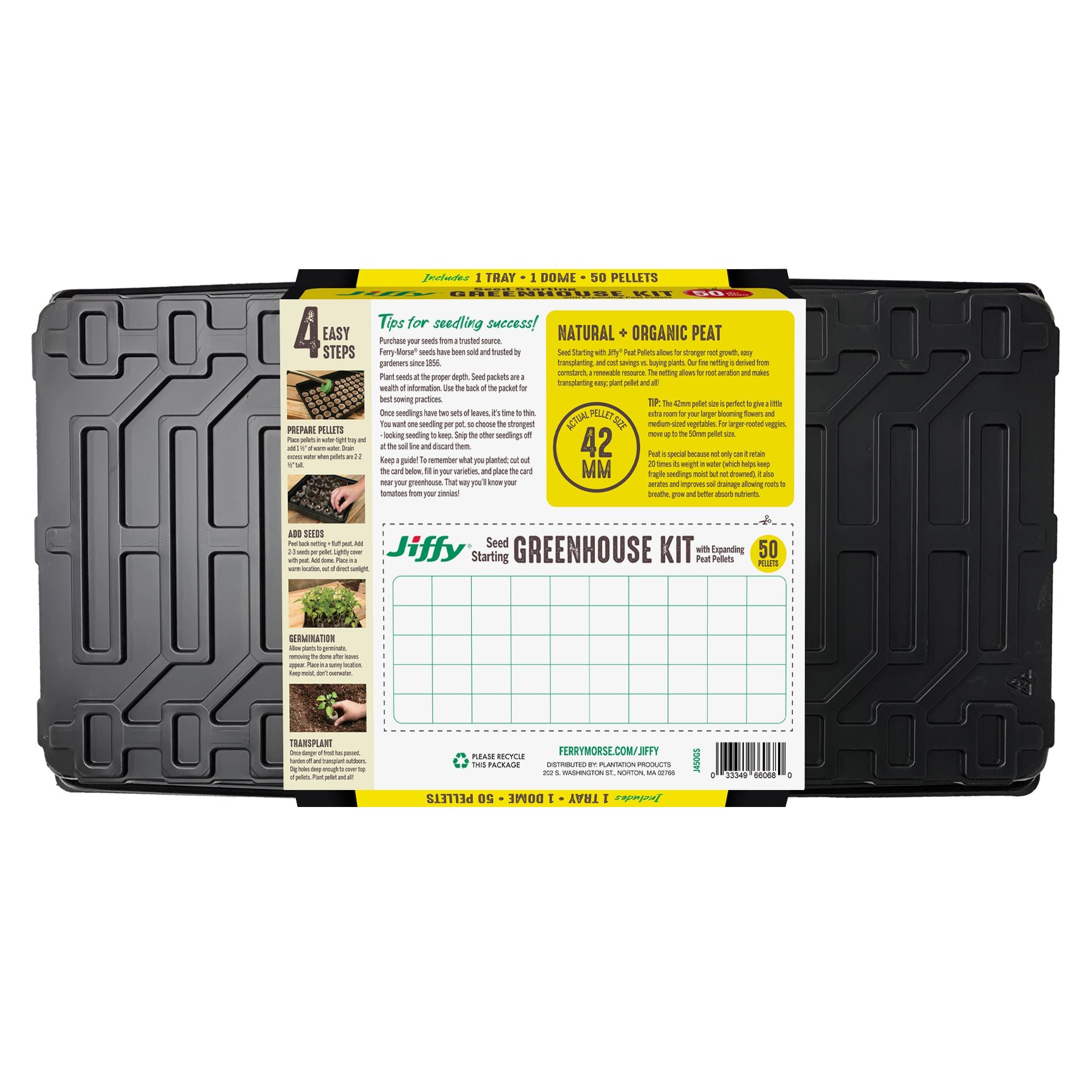 Jiffy brand seed starting greenhouse kit packaging featuring a tray with 50 peat pellets for starting plants, with a yellow and green label, and a clear humidity dome.